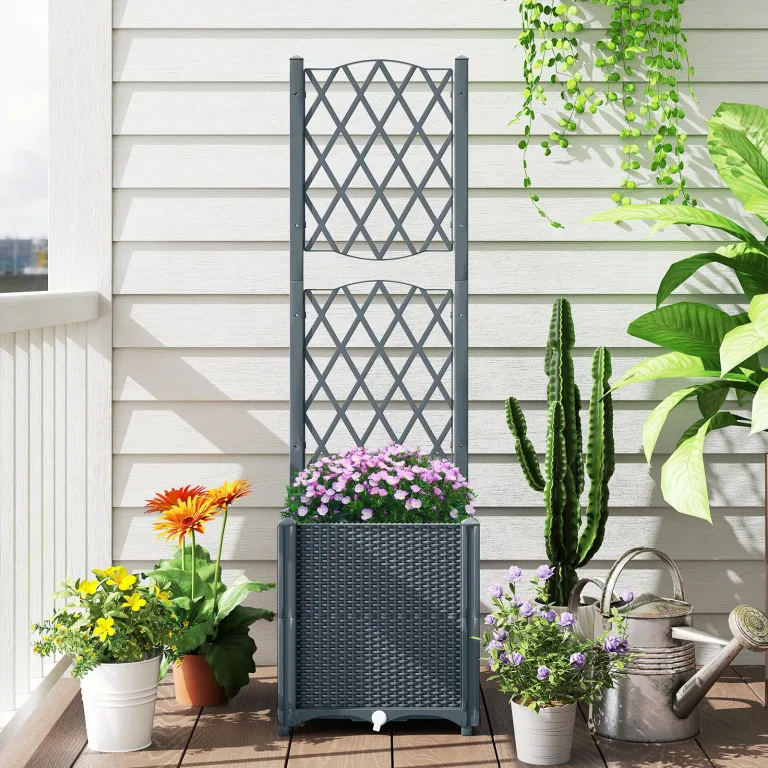 GOPLUS Blumenkasten mit Rankgitter, Hochbeet mit Spalier für Kletterpflanzen & Topfpflanzen, Tiefes Pflanzbeet mit Drainagelöchern für Balkon, Hinterhof & Garten (Grau,40 x 40 x 140 cm) – Bild 4