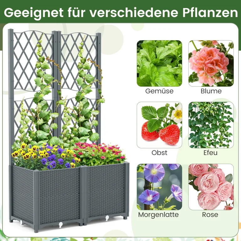 GOPLUS Blumenkasten mit Rankgitter, Hochbeet mit Spalier für Kletterpflanzen & Topfpflanzen, Tiefes Pflanzbeet mit Drainagelöchern für Balkon, Hinterhof & Garten (Grau,80 x 40 x 140 cm) – Bild 2