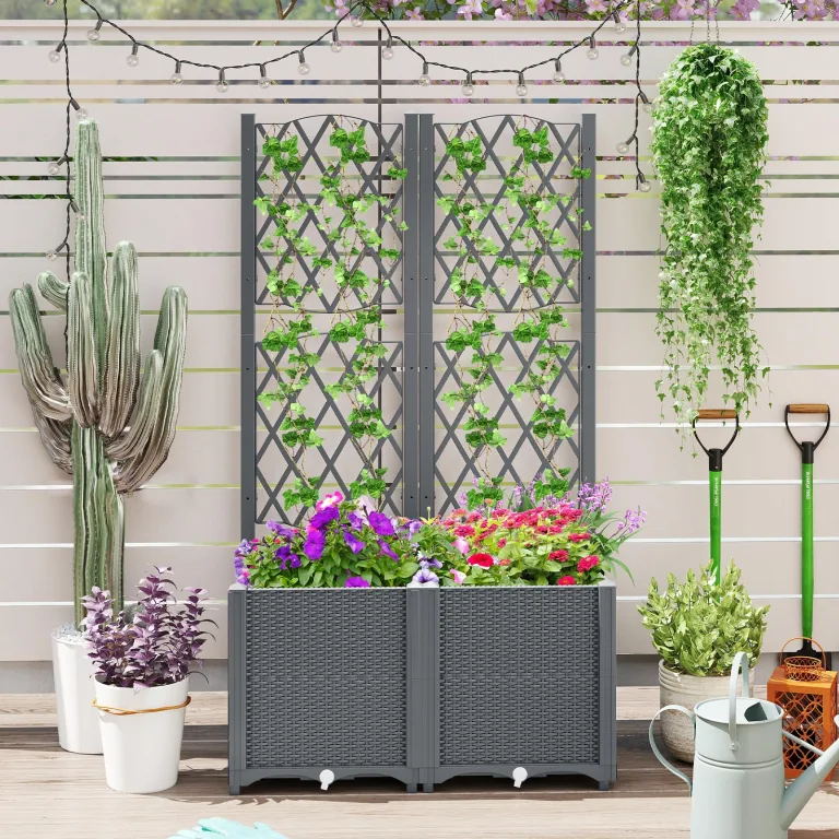 GOPLUS Blumenkasten mit Rankgitter, Hochbeet mit Spalier für Kletterpflanzen & Topfpflanzen, Tiefes Pflanzbeet mit Drainagelöchern für Balkon, Hinterhof & Garten (Grau,80 x 40 x 140 cm) – Bild 5