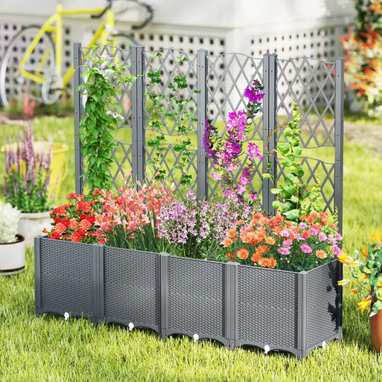 GOPLUS Blumenkasten mit Rankgitter, Hochbeet mit Spalier für Kletterpflanzen & Topfpflanzen, Tiefes Pflanzbeet mit Drainagelöchern für Balkon, Hinterhof & Garten (Grau,80 x 40 x 140 cm) – Bild 6