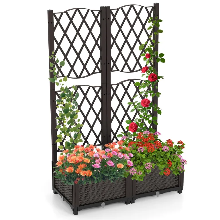 GOPLUS Blumenkasten mit Rankgitter, Hochbeet mit Spalier für Kletterpflanzen & Topfpflanzen, Tiefes Pflanzbeet mit Drainagelöchern für Balkon, Hinterhof & Garten (Grau,80 x 40 x 140 cm) – Bild 9