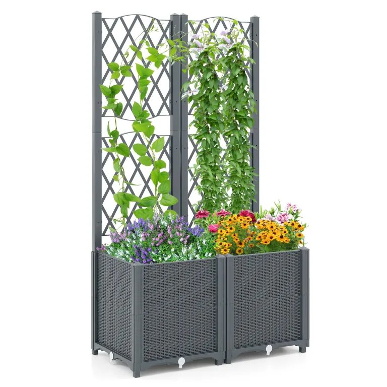 GOPLUS Blumenkasten mit Rankgitter, Hochbeet mit Spalier für Kletterpflanzen & Topfpflanzen, Tiefes Pflanzbeet mit Drainagelöchern für Balkon, Hinterhof & Garten (Grau,80 x 40 x 140 cm) – Bild 1