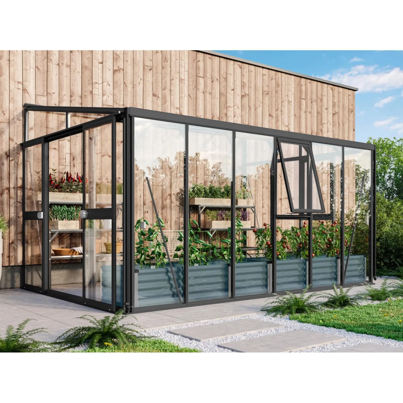 Vitavia Anlehn-Gewächshaus Helena 10200", schwarz, 10,2 m², 3 mm ESG, 10 mm HKP | Wetterfestes & stabiles Wand-Gewächshaus zur Pflanzenanzucht | Ideales Treibhaus für Gemüse, Kräuter & Blumen - Bild 1