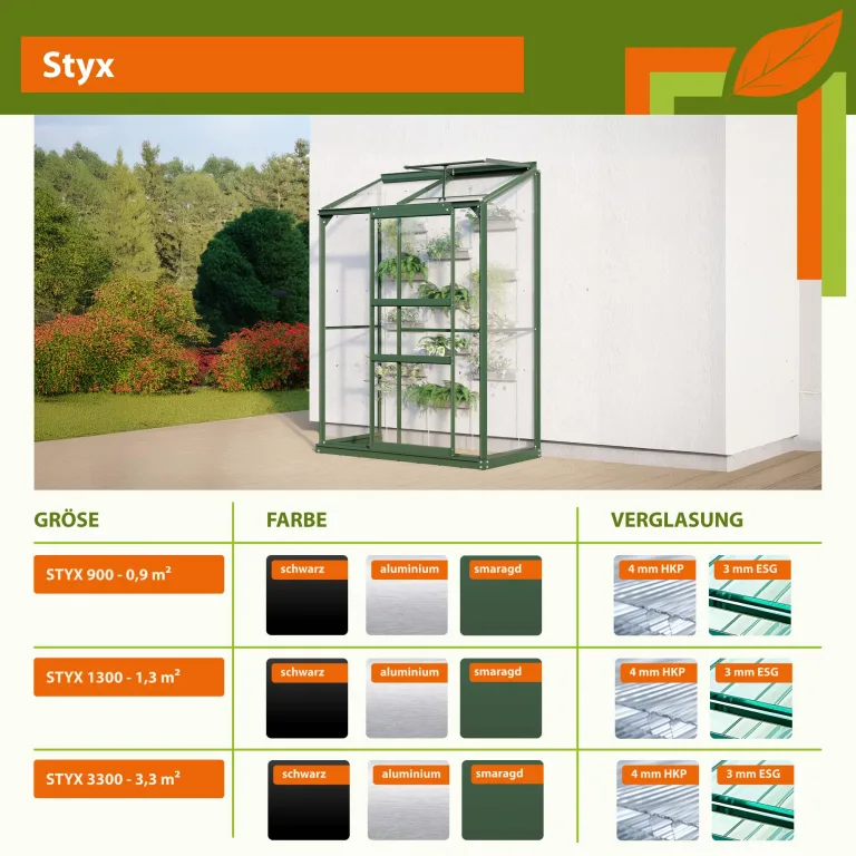 Vitavia Anlehn-Gewächshaus Styx 3300", Aluminium eloxiert, 3,3 m², 3 mm ESG | Wetterfestes & stabiles Wand-Gewächshaus zur Pflanzenanzucht | Ideales Treibhaus für Gemüse, Kräuter & Blumen – Bild 3