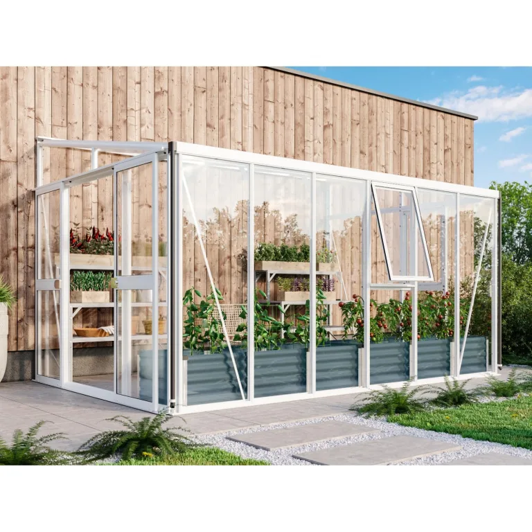 Vitavia Anlehn-Gewächshaus Helena 8600", weiß, 8,6 m², 3 mm ESG, 10 mm HKP | Wetterfestes & stabiles Wand-Gewächshaus zur Pflanzenanzucht | Ideales Treibhaus für Gemüse, Kräuter & Blumen – Bild 10