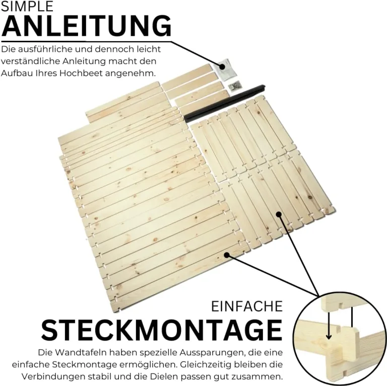 Hochbeet PLANTO 117x59x77 (BxTxH) aus Natürlicher Kiefer, Blumenbeet aus Holz, Wetterfest, Innen- und Außenbereich, Kräuterbeet für Garten, Balkon und Terrasse, Einfaches Stecksystem – Bild 8