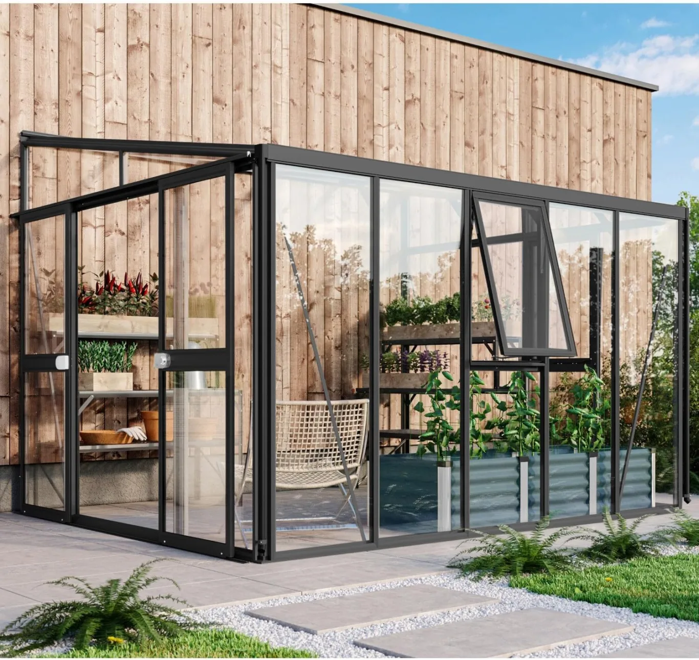 Vitavia Anlehn-Gewächshaus Helena 8600", schwarz, 8,6 m², 3 mm ESG, 10 mm HKP | Wetterfestes & stabiles Wand-Gewächshaus zur Pflanzenanzucht | Ideales Treibhaus für Gemüse, Kräuter & Blumen - Bild 1