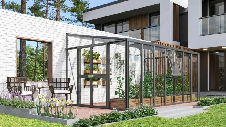 Vitavia Anlehn-Gewächshaus Helena 8600", schwarz, 8,6 m², 3 mm ESG, 10 mm HKP | Wetterfestes & stabiles Wand-Gewächshaus zur Pflanzenanzucht | Ideales Treibhaus für Gemüse, Kräuter & Blumen – Bild 6