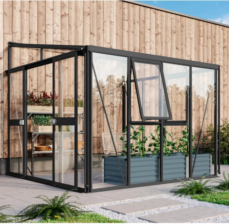 Vitavia Anlehn-Gewächshaus Helena 8600", schwarz, 8,6 m², 3 mm ESG, 10 mm HKP | Wetterfestes & stabiles Wand-Gewächshaus zur Pflanzenanzucht | Ideales Treibhaus für Gemüse, Kräuter & Blumen – Bild 8