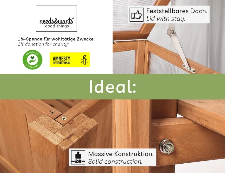 needs&wants® Großes Hochbeet mit Frühbeet-Aufsatz Abdeckung aus Holz für Garten Balkon, Pflanzbeet mit Gewächshaus Frühbeetkasten mit Deckel Dach Haube Ablage Pflanzkasten, 90 x 57 x 112,5 cm, braun – Bild 3