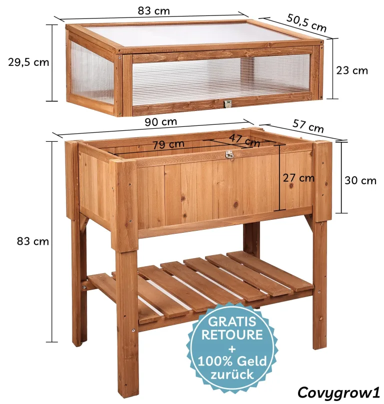 needs&wants® Großes Hochbeet mit Frühbeet-Aufsatz Abdeckung aus Holz für Garten Balkon, Pflanzbeet mit Gewächshaus Frühbeetkasten mit Deckel Dach Haube Ablage Pflanzkasten, 90 x 57 x 112,5 cm, braun – Bild 5