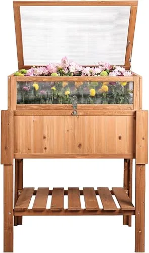 needs&wants® Großes Hochbeet mit Frühbeet-Aufsatz Abdeckung aus Holz für Garten Balkon, Pflanzbeet mit Gewächshaus Frühbeetkasten mit Deckel Dach Haube Ablage Pflanzkasten, 90 x 57 x 112,5 cm, braun – Bild 10