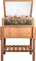 needs&wants® Großes Hochbeet mit Frühbeet-Aufsatz Abdeckung aus Holz für Garten Balkon, Pflanzbeet mit Gewächshaus Frühbeetkasten mit Deckel Dach Haube Ablage Pflanzkasten, 90 x 57 x 112,5 cm, braun - Thumbnail 2