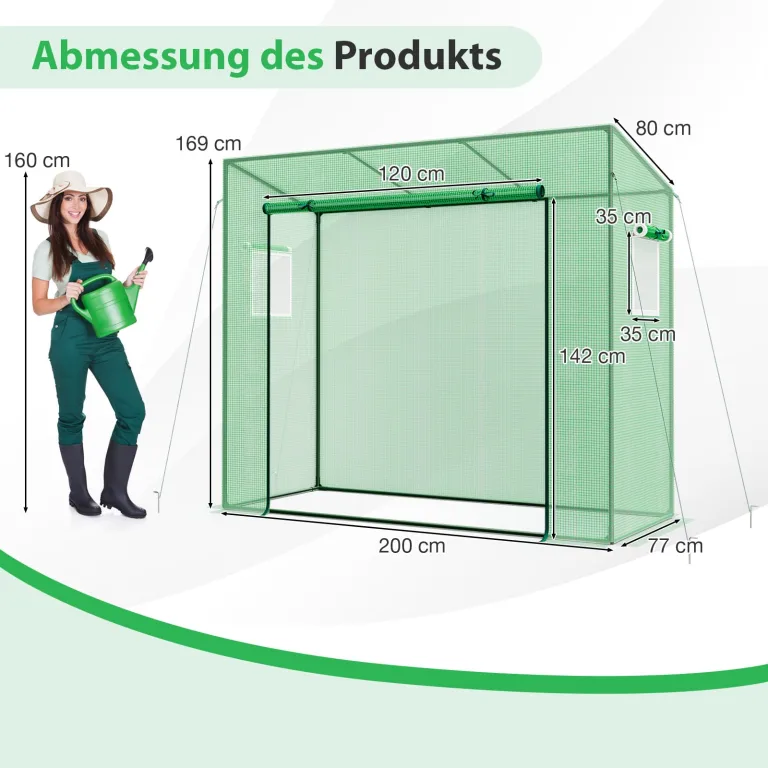 COSTWAY Gewächshaus, Foliengewächshaus mit aufrollbarer Tür & 2 Netzfenstern, Tomatenhaus mit PE-Abdeckung, Treibhaus für Tomaten, Tomatengewächshaus Metallrahmen, Grün, 200x77x169cm – Bild 3