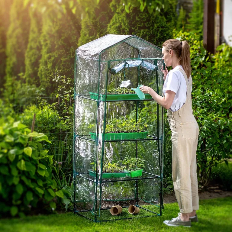 KADAX Gewächshaus mit 4 Ebenen, 68 x 48 x 170 cm, kleines Foliengewächshaus für Balkon, Terrasse & Garten, Balkongewächshaus klein mit PVC-Abdeckung – Bild 4