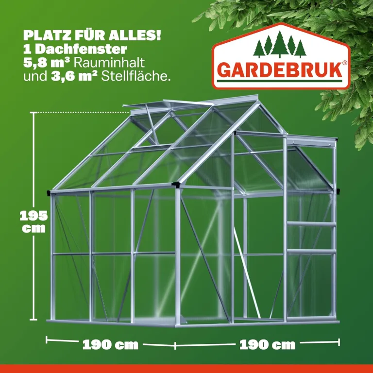 GARDEBRUK® Gewächshaus Aluminium 3,6m² 190x190cm inkl. Dachfenster Tomatenhaus Treibhaus Anzuchthaus Gartenhaus Frühbeet Pflanzenhaus Aufzucht 5,8m³ – Bild 4