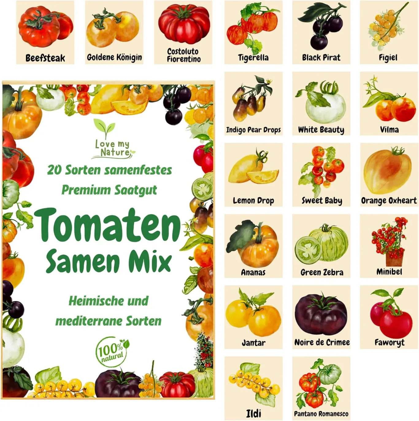 Tomaten Samen Set – 20 Sorten Tomatensamen alte Sorten für Garten, Balkon & Gewächshaus | Love my Nature Saatgut für aromatische Tomatenvielfalt – ideal als Geschenk - Bild 1