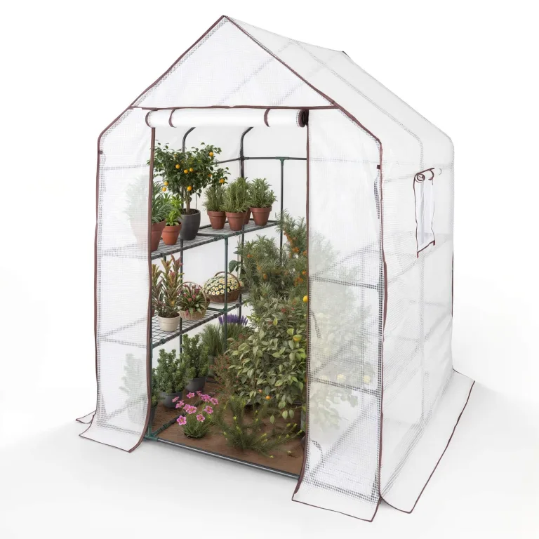 Arebos Premium Foliengewächshaus Gewächshaus mit 3 Ebenen - 143 x 143 x 195 cm Treibhaus mit Ablagen & Ventilationsfenster - Platzsparend, Hochwertiges Anzuchthaus Garten Balkon Stabil – Bild 1