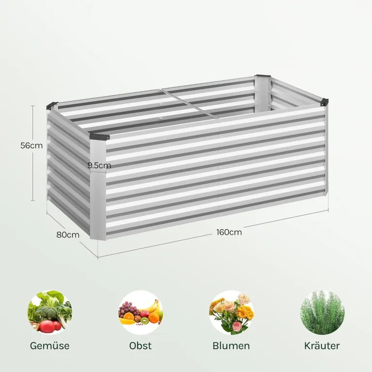 WOLTU Hochbeet für Garten Balkon, Pflanzkübel aus robustem Stahlblech mit stabilem Design, Pflanzkasten, Blumenkasten, 160 x 56 x 80 cm, Silber – Bild 8