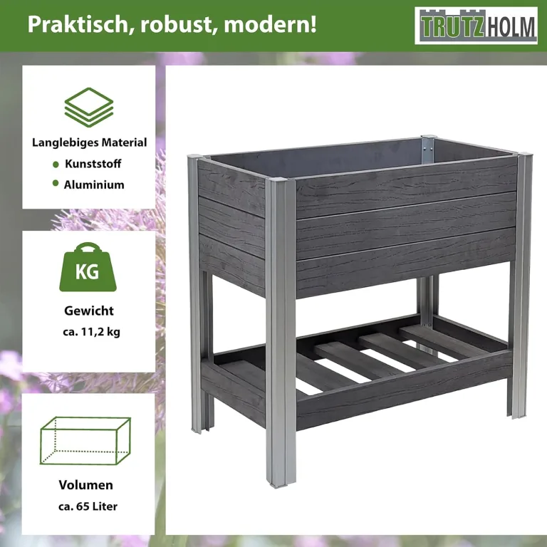 TRUTZHOLM Hochbeet mit Ablage 79x46x74 cm 65 Liter Holzoptik robust witterungsbeständig Kräuterbeet Pflanzkasten Anthrazit – Bild 3