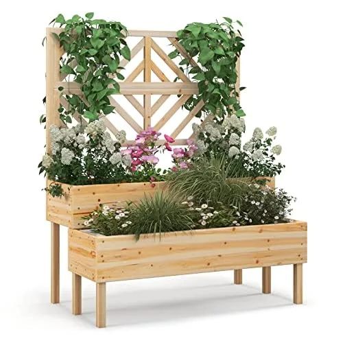 FANTASK Blumenkasten mit Spalier aus Tannenholz, Gartenspalier mit 2 Rankkästen, Pflanzkasten für Kletterpflanzen, Hochbeet mit Rankgitter & Drainageloch (Natur) – Bild 1