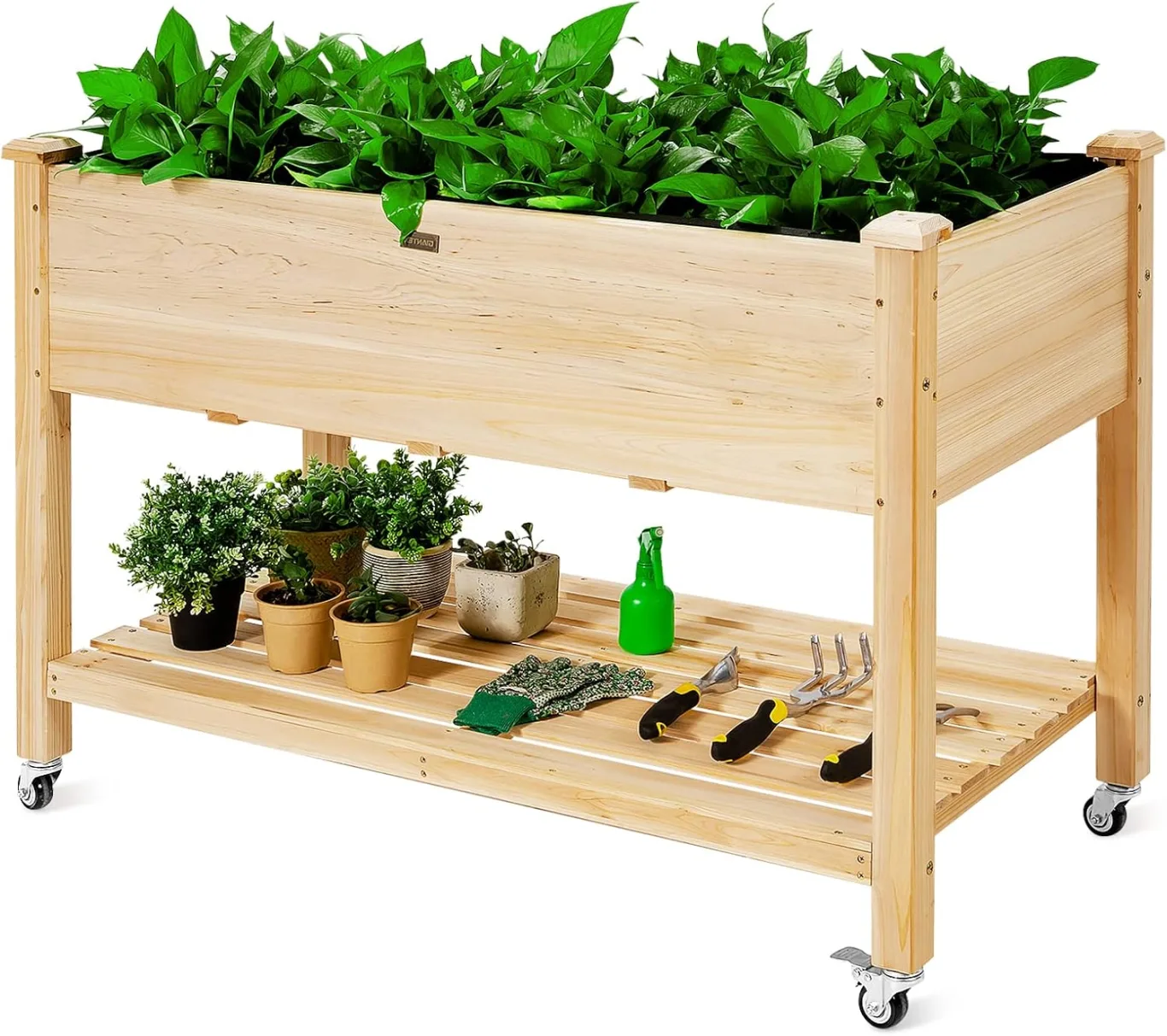 GOPLUS Hochbeet mit Rollen, Gartenbeet mit Ablage & Abflusslöcher, Pflanzbeet aus Tannenholz für Garten & Terrasse, Natur (mit Rollen, 120x59x84 cm) - Bild 1