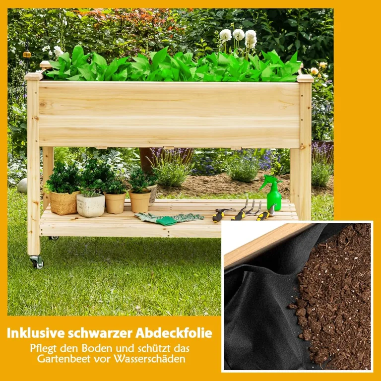 GOPLUS Hochbeet mit Rollen, Gartenbeet mit Ablage & Abflusslöcher, Pflanzbeet aus Tannenholz für Garten & Terrasse, Natur (mit Rollen, 120x59x84 cm) – Bild 6