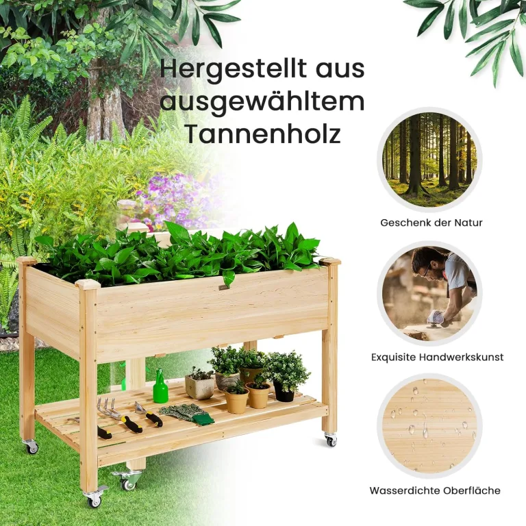 GOPLUS Hochbeet mit Rollen, Gartenbeet mit Ablage & Abflusslöcher, Pflanzbeet aus Tannenholz für Garten & Terrasse, Natur (mit Rollen, 120x59x84 cm) – Bild 3