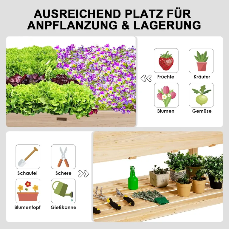 GOPLUS Hochbeet mit Rollen, Gartenbeet mit Ablage & Abflusslöcher, Pflanzbeet aus Tannenholz für Garten & Terrasse, Natur (mit Rollen, 120x59x84 cm) – Bild 4