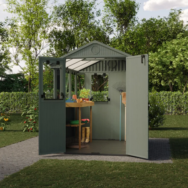 Keter Darwin Gewächshaus 244x190x221cm Grün - Treibhaus aus Kunststoff mit Satteldach & 5 Belüftungsfenstern – Bild 3