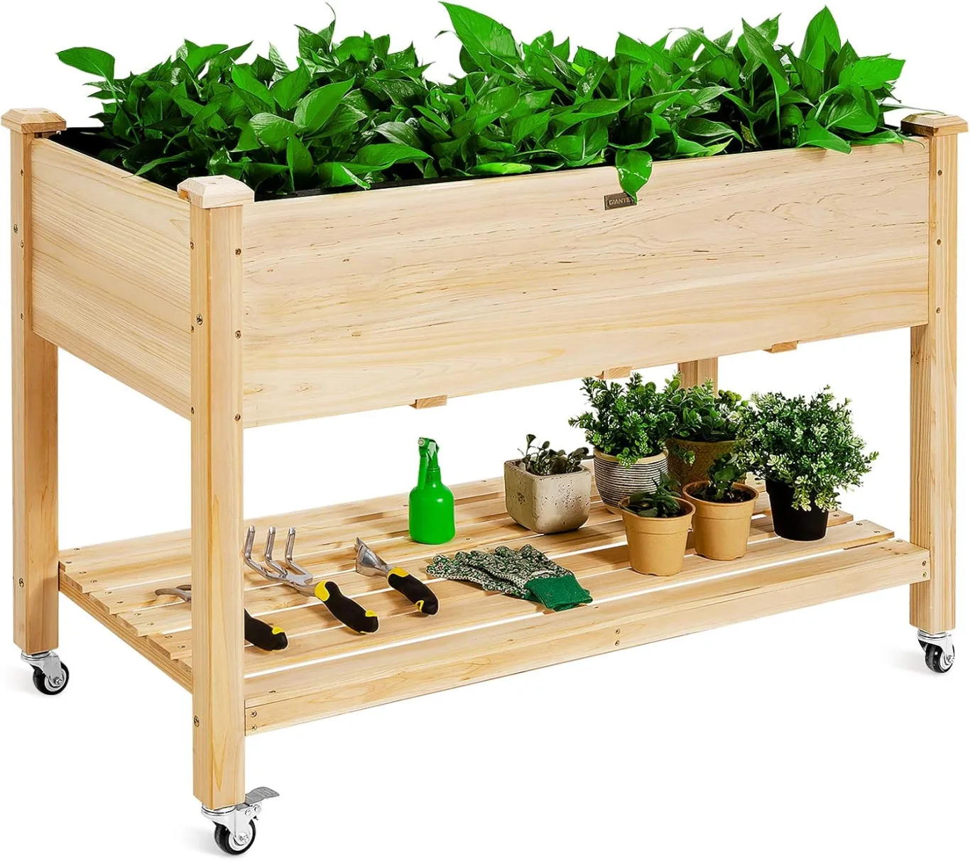 FANTASK Hochbeet aus Holz mit Ablage & Rollen, Erhöhtes Gartenbeet, Pflanzkasten mit feststellbaren Rädern & Abdeckfolie, Natur - Bild 1