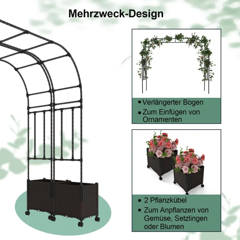 COSTWAY 2 in 1 Rosenbogen mit Blumenkasten, 202 cm, Gartenbogen aus Metall und PP, Spalier mit 2 Pflanzkästen auf Rollen & Drainagelöchern, Rankbogen Torbogen für Kletterpflanzen, Outdoor, Schwarz – Bild 4