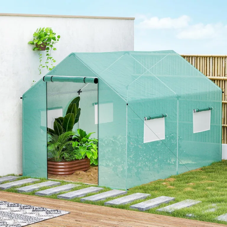 Outsunny Foliengewächshaus, 2 x 3 x 2 m Treibhaus mit UV-Schutz, Winddichtes Gewächshaus, Tomatenhaus mit Rolltür, Rollfenster, Stahl, für Garten, Grün – Bild 8