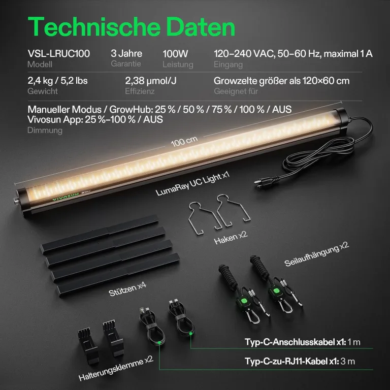 VIVOSUN LumaRay Under Canopy Grow Lampe, Vollspektrum Dimmbares LED Pflanzenlampe für Growzelte und Gewächshäuser, SGS Kompatibel, 100W, 1er Pack, 1m – Bild 10