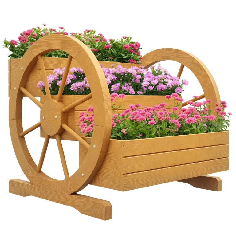 Outsunny Hochbeet aus Holz, Blumenkasten mit 3 Etagen, Gemüsebeet mit Wagenrad-Dekor, Kräuterbeet mit Entwässerungslöchern für Garten, Balkon, Teak, 61 x 62 x 57 cm – Bild 1