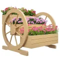 Outsunny Hochbeet aus Holz, Blumenkasten mit 3 Etagen, Gemüsebeet mit Wagenrad-Dekor, Kräuterbeet mit Entwässerungslöchern für Garten, Balkon, Teak, 61 x 62 x 57 cm - Thumbnail 9