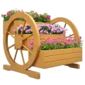 Outsunny Hochbeet aus Holz, Blumenkasten mit 3 Etagen, Gemüsebeet mit Wagenrad-Dekor, Kräuterbeet mit Entwässerungslöchern für Garten, Balkon, Teak, 61 x 62 x 57 cm - Thumbnail 10