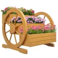 Outsunny Hochbeet aus Holz, Blumenkasten mit 3 Etagen, Gemüsebeet mit Wagenrad-Dekor, Kräuterbeet mit Entwässerungslöchern für Garten, Balkon, Teak, 61 x 62 x 57 cm - Thumbnail 1