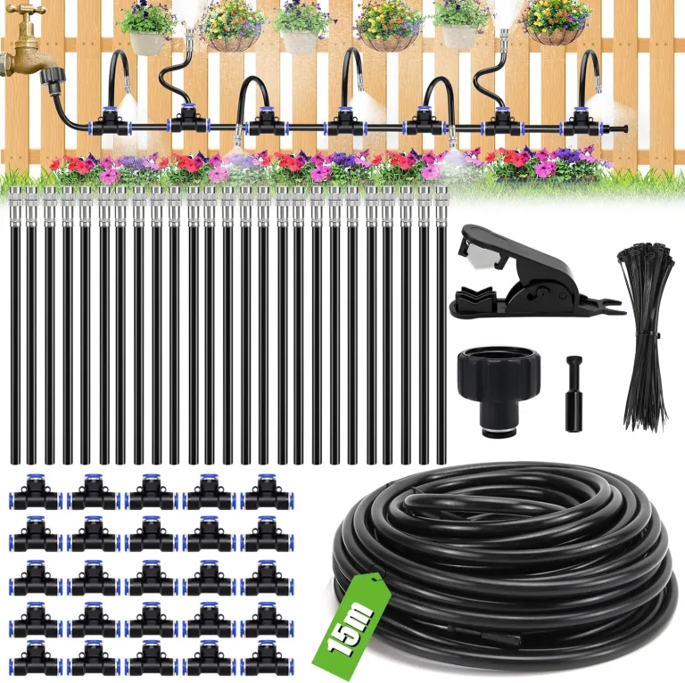 Bewässerungssystem Garten bewässerung Gartenbewässerungssysteme 15M Tropfbewässerungssystem Hochbeet, 25 Directional Brass Spray Nozzles für Outdoor-Nebelkühlsystem, Bauernhof Rasenbewässerung – Bild 1