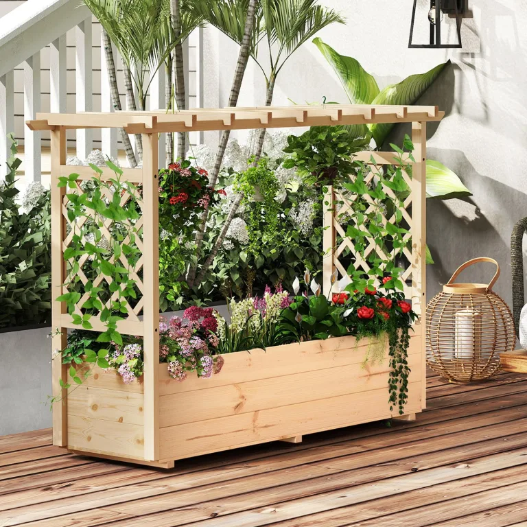HOMASIS Blumenkasten mit 2 Rankgitter & Dachregal, Hochbeet mit Spalier, Holz Pflanzkasten für Kletterpflanz, Pflanzkübel Pflanzgefäß Rankhilfe für Garten Balkon Terrasse (Natur, 150x50x104cm) – Bild 2