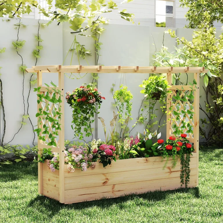 HOMASIS Blumenkasten mit 2 Rankgitter & Dachregal, Hochbeet mit Spalier, Holz Pflanzkasten für Kletterpflanz, Pflanzkübel Pflanzgefäß Rankhilfe für Garten Balkon Terrasse (Natur, 150x50x104cm) – Bild 3