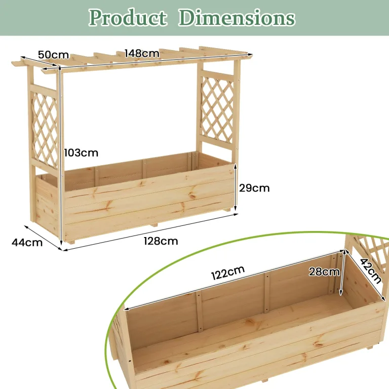HOMASIS Blumenkasten mit 2 Rankgitter & Dachregal, Hochbeet mit Spalier, Holz Pflanzkasten für Kletterpflanz, Pflanzkübel Pflanzgefäß Rankhilfe für Garten Balkon Terrasse (Natur, 150x50x104cm) – Bild 4