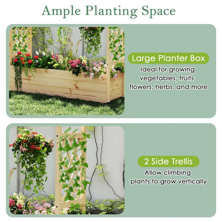 HOMASIS Blumenkasten mit 2 Rankgitter & Dachregal, Hochbeet mit Spalier, Holz Pflanzkasten für Kletterpflanz, Pflanzkübel Pflanzgefäß Rankhilfe für Garten Balkon Terrasse (Natur, 150x50x104cm) – Bild 5
