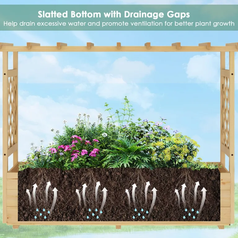 HOMASIS Blumenkasten mit 2 Rankgitter & Dachregal, Hochbeet mit Spalier, Holz Pflanzkasten für Kletterpflanz, Pflanzkübel Pflanzgefäß Rankhilfe für Garten Balkon Terrasse (Natur, 150x50x104cm) – Bild 7