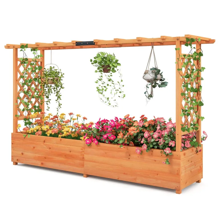 HOMASIS Blumenkasten mit 2 Rankgitter & Dachregal, Hochbeet mit Spalier, Holz Pflanzkasten für Kletterpflanz, Pflanzkübel Pflanzgefäß Rankhilfe für Garten Balkon Terrasse (Natur, 150x50x104cm) – Bild 10