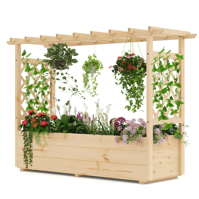 HOMASIS Blumenkasten mit 2 Rankgitter & Dachregal, Hochbeet mit Spalier, Holz Pflanzkasten für Kletterpflanz, Pflanzkübel Pflanzgefäß Rankhilfe für Garten Balkon Terrasse (Natur, 150x50x104cm) – Bild 1