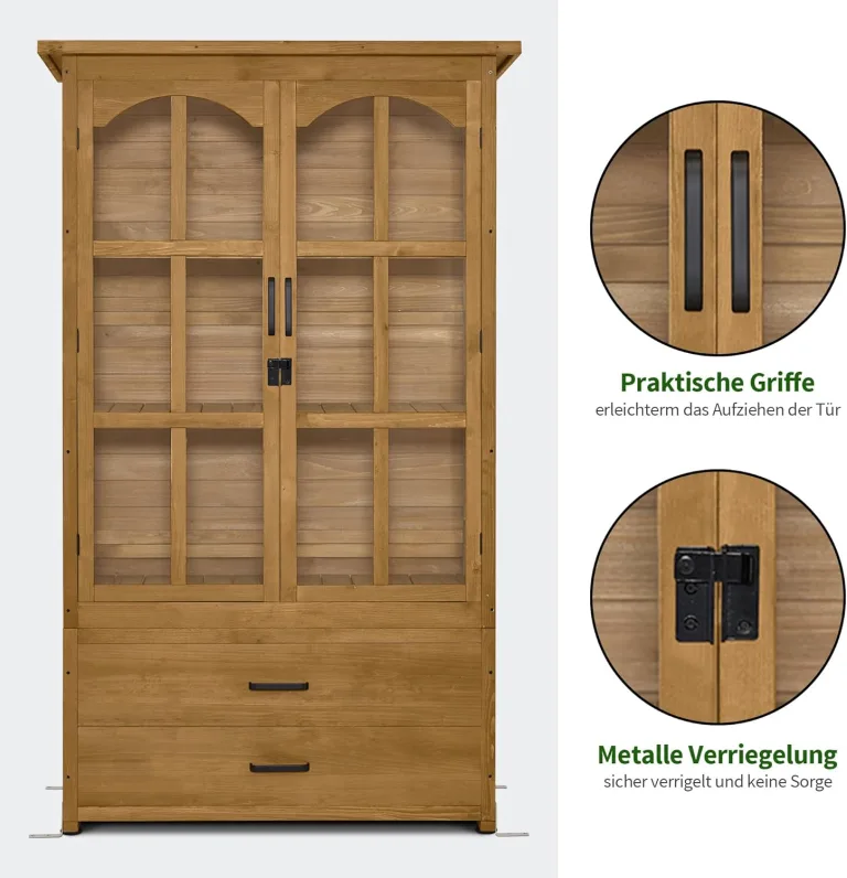 M MCombo Gartenschrank Gartenhaus Holz Wetterfest, Geräteschrank Gerätehaus Outdoor, für Außenbereich Balkon Terrasse, Gartenhütte mit 2 Bewegliche Regale, 58×107×180 cm, 1155 (Natur) – Bild 6