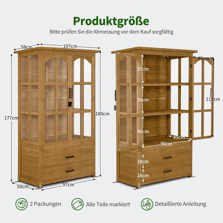 M MCombo Gartenschrank Gartenhaus Holz Wetterfest, Geräteschrank Gerätehaus Outdoor, für Außenbereich Balkon Terrasse, Gartenhütte mit 2 Bewegliche Regale, 58×107×180 cm, 1155 (Natur) – Bild 3