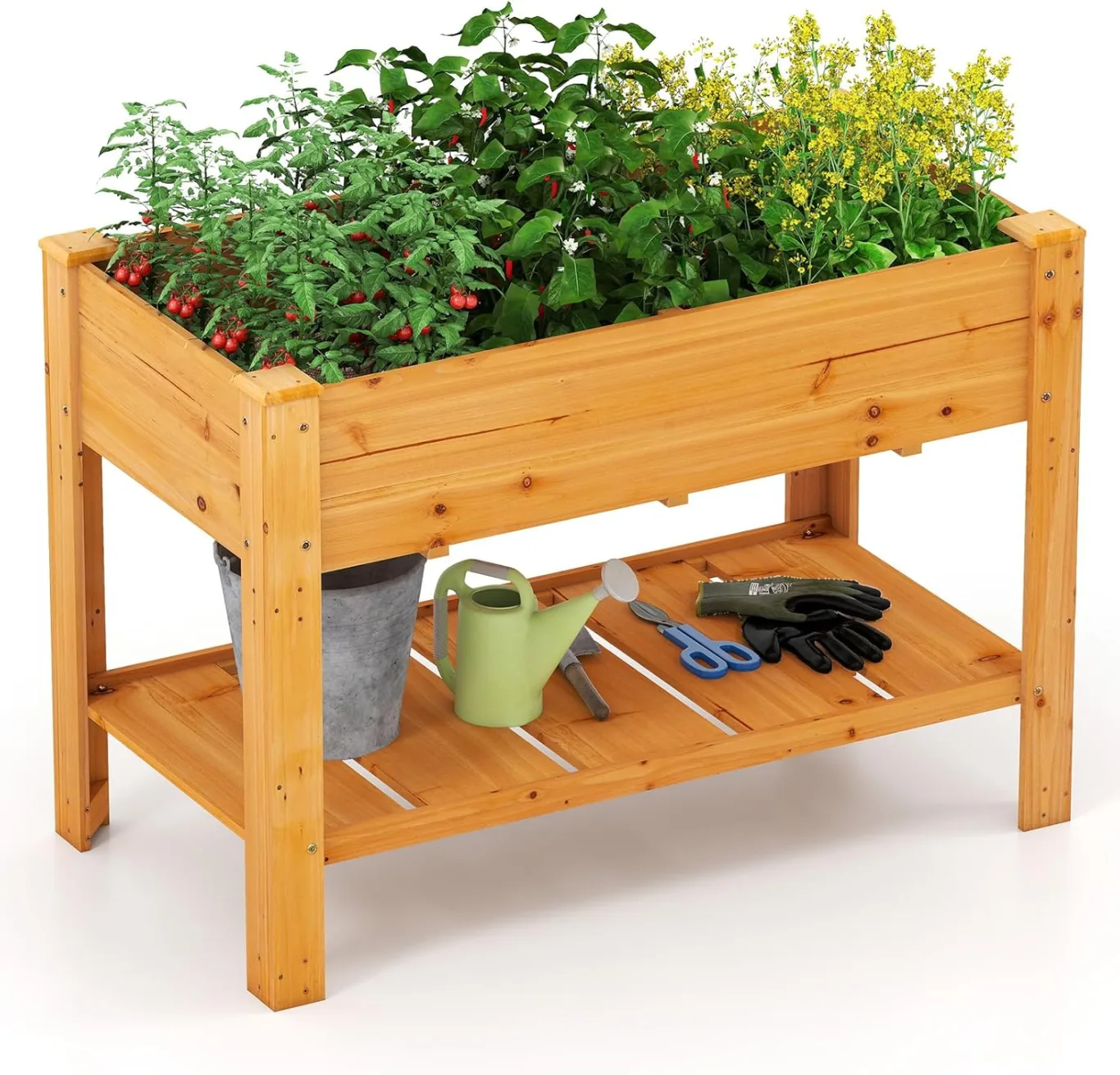 COSTWAY Hochbeet mit Ablage, Erhöhtes Gartenbeet aus Holz, Pflanzkasten mit Entwässerungslöchern, Gemüsebeet Kräuterbeet groß, für Balkon Garten Terrasse, 120 x 60 x 81 cm (Braun) - Bild 1