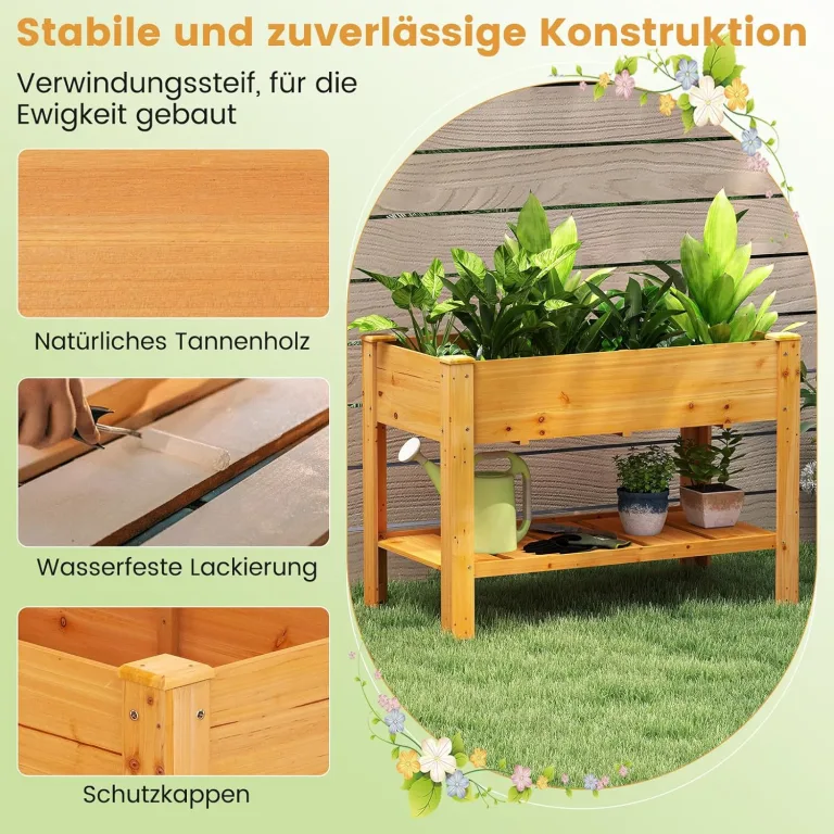 COSTWAY Hochbeet mit Ablage, Erhöhtes Gartenbeet aus Holz, Pflanzkasten mit Entwässerungslöchern, Gemüsebeet Kräuterbeet groß, für Balkon Garten Terrasse, 120 x 60 x 81 cm (Braun) – Bild 4